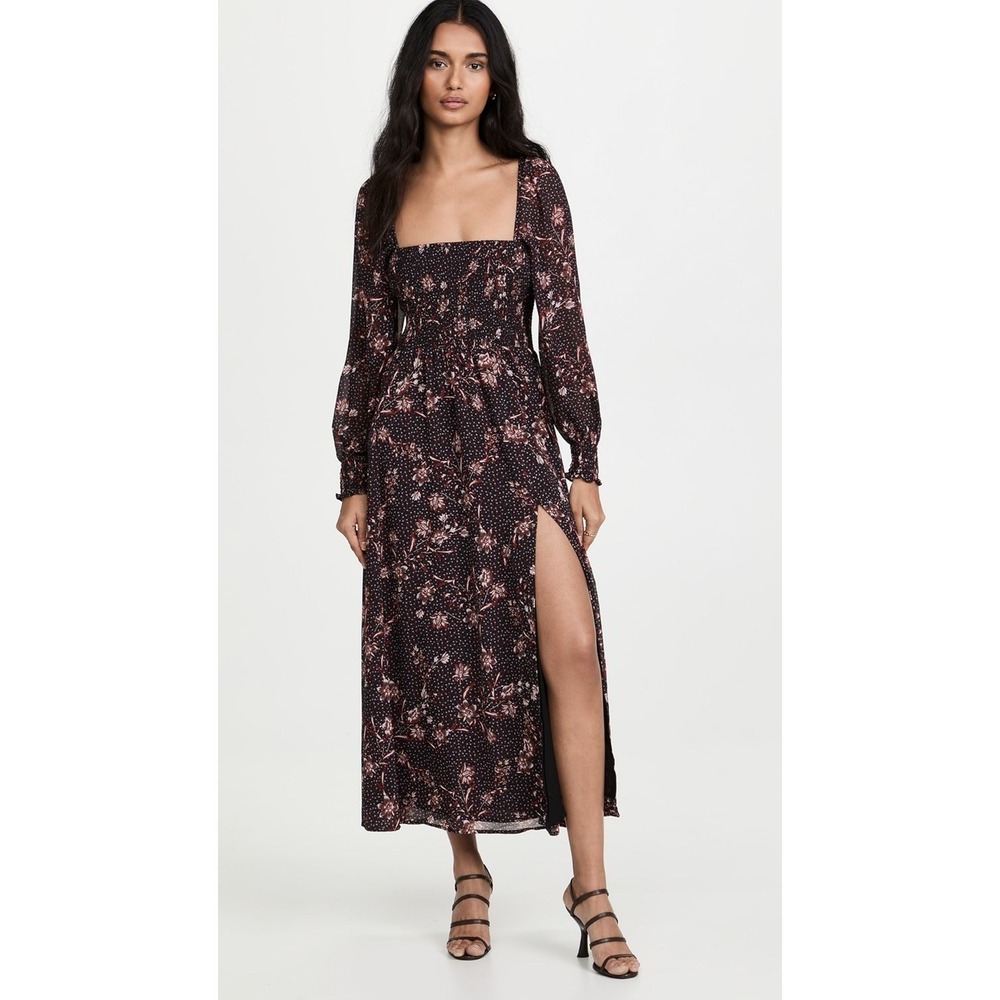 OPT Classic Smocked Long Sleeve Front Slit Maxi Dress in Black Floral Small